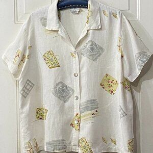 Hot Cotton By Marc Ware L Blouse Button Up Shirt Linen White/Multi Sea Motifs